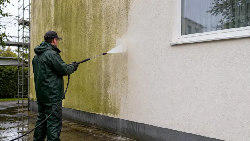 Fassade reinigen und Grünbelag entfernen