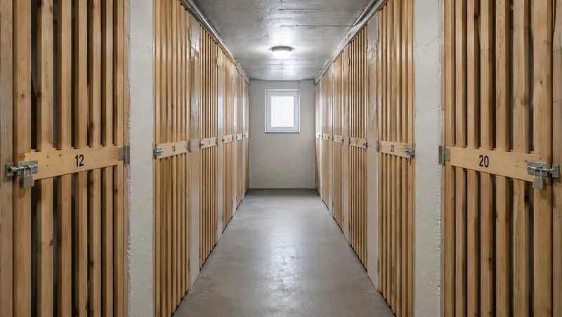 Aufgeräumter Kellergang mit nummerierten Abteilen im Mehrfamilienhaus