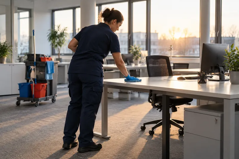 Büroreinigung in Walldorf: Reinigungskraft wischt früh am Morgen einen Schreibtisch im Büro