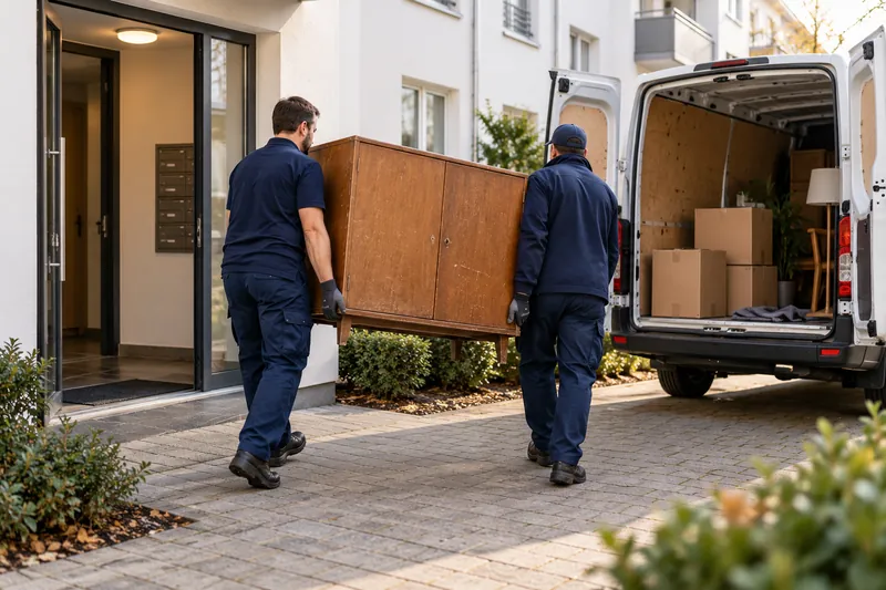Entrümpelung in Sandhausen: Zwei Mitarbeiter tragen einen Schrank aus dem Haus zum Transporter