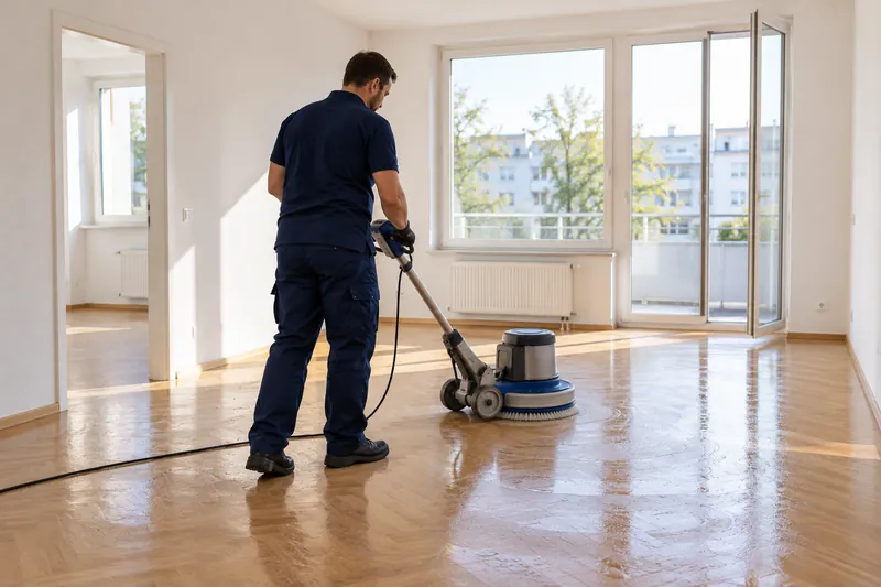 Grundreinigung in Mannheim: Mitarbeiter reinigt den Parkettboden einer leeren Wohnung mit der Einscheibenmaschine