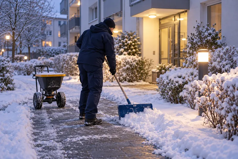 Winterdienst in Leimen: Mitarbeiter räumt mit dem Schneeschieber den Gehweg vor einer Wohnanlage