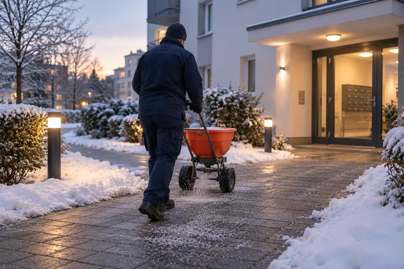 Winterdienst in Eppelheim: Mitarbeiter streut mit dem Streuwagen den geräumten Gehweg vor einer Wohnanlage