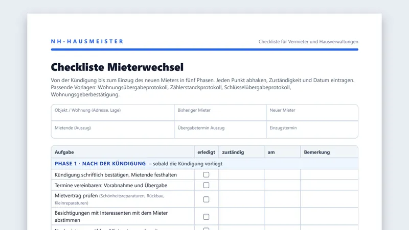 Ausschnitt der PDF-Checkliste Mieterwechsel für Vermieter mit den Aufgaben nach der Kündigung