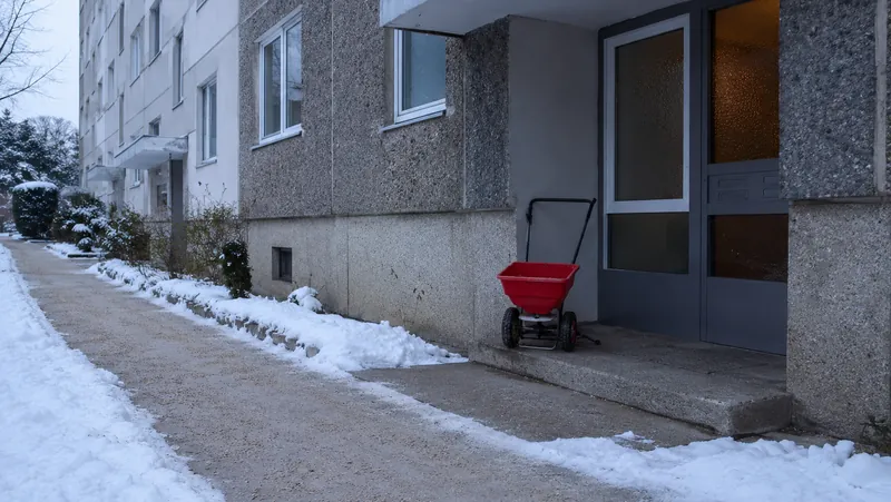 Geräumter und gestreuter Gehweg am Eingang eines Mehrfamilienhauses, daneben ein Streuwagen