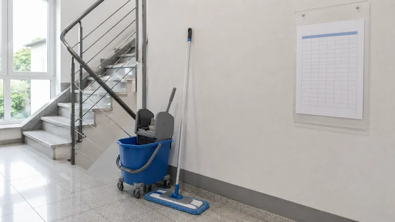 Reinigungsplan an der Treppenhauswand neben Wischmopp und Eimer
