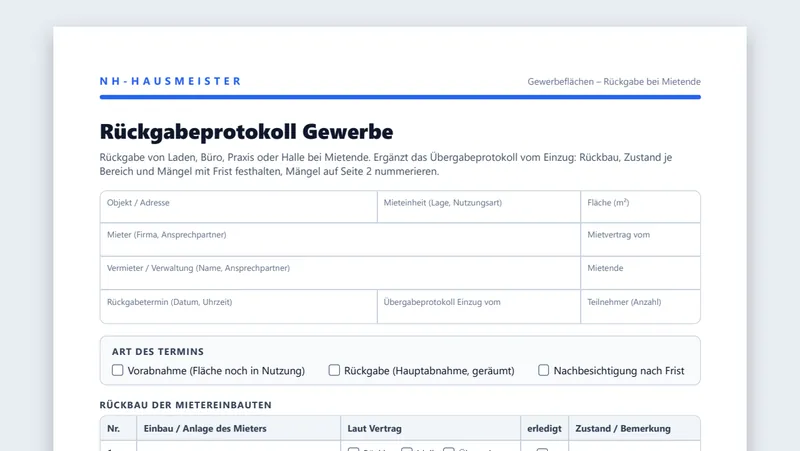 Ausschnitt der PDF-Vorlage Rückgabeprotokoll Gewerbe mit Kopfdaten und Rückbau-Liste der Mietereinbauten