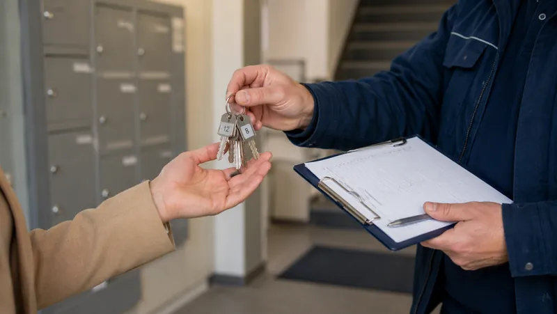 Schlüsselbund mit Anhängern auf einem ausgefüllten Schlüsselübergabeprotokoll