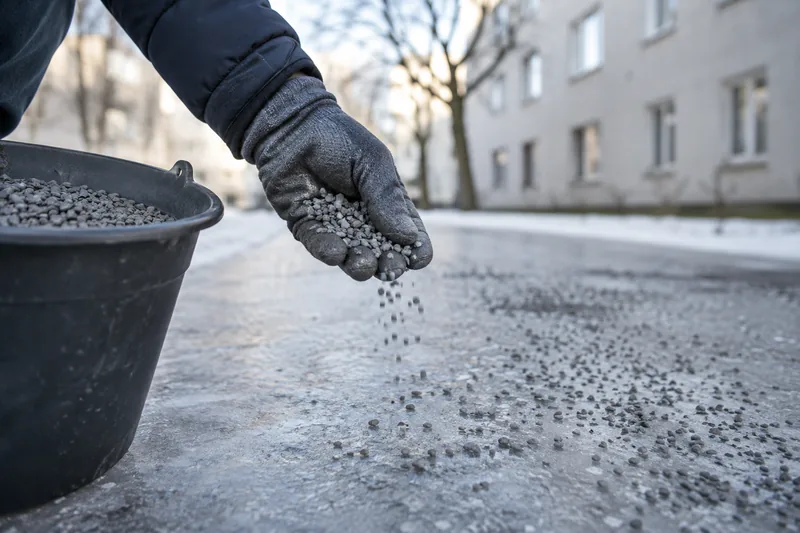 Behandschuhte Hand streut Splitt aus einem Eimer auf einen vereisten Gehweg