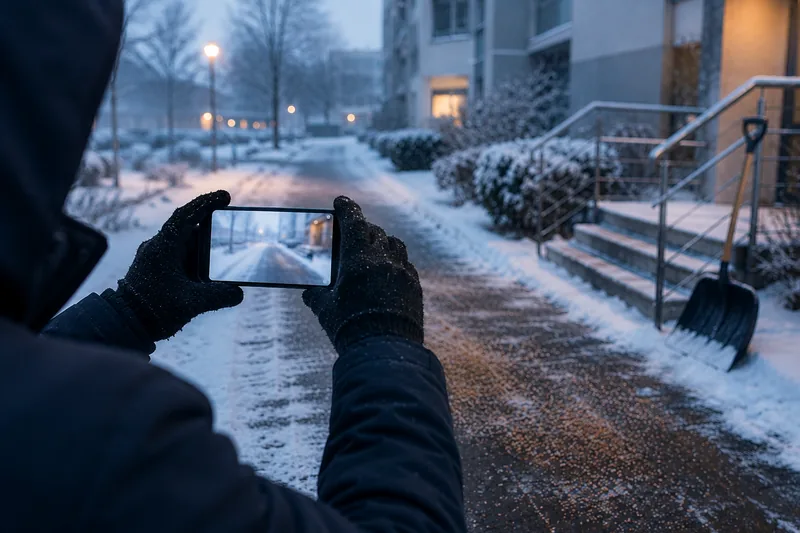 Hausmeister fotografiert den geräumten und gestreuten Gehweg mit dem Smartphone
