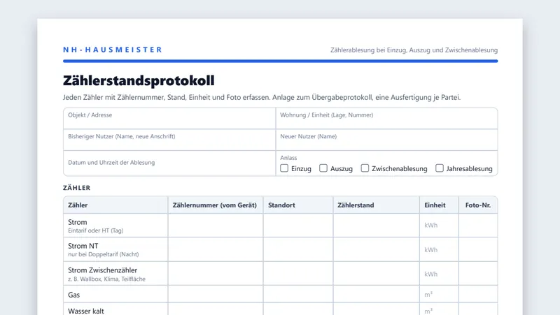 Ausschnitt der PDF-Vorlage Zählerstandsprotokoll mit Zeilen für Strom, Gas, Wasser und Wärme